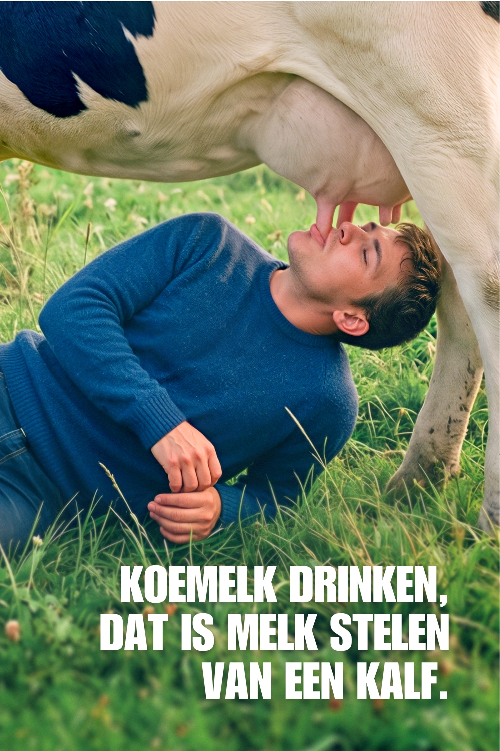 Man drinkt melk van de uier van een koe