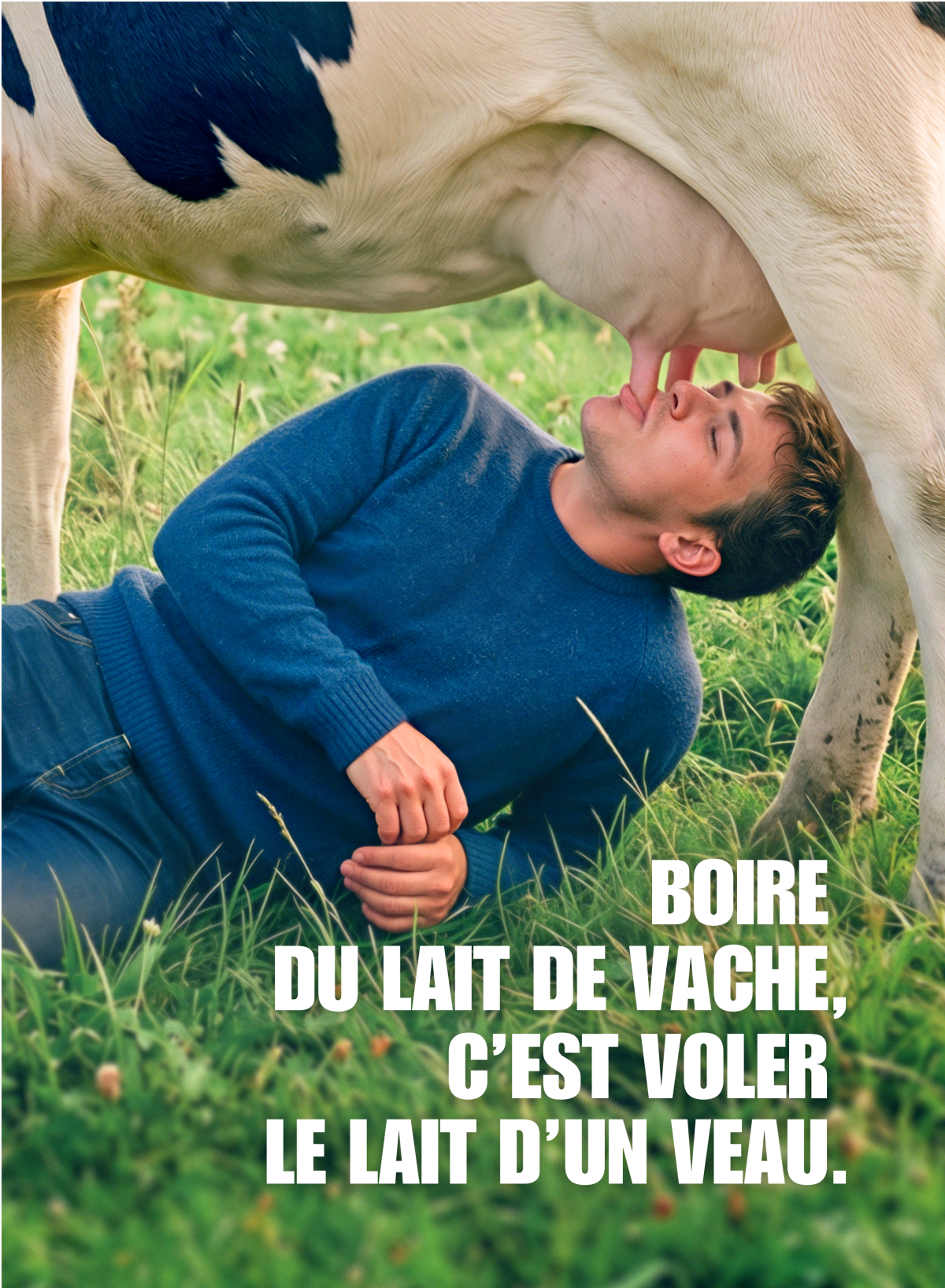 Un homme boit du lait directement au pis d’une vache