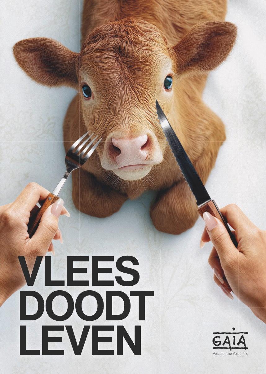 Kalf wordt benaderd door mes en vork, vastgehouden door persoon